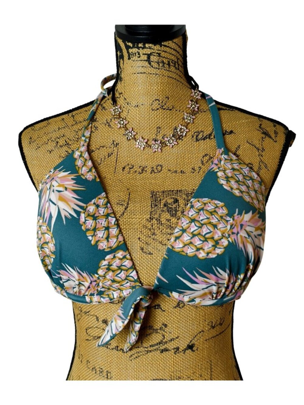 Shade Shore Halter Bikini Top 36D Pineapple Print Adjust Tie Back Padded Swimwea